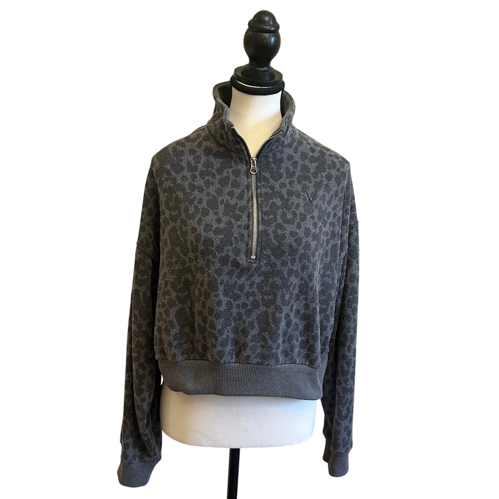 Victoria's Secret XL Leopard Print Half Zip Pullover Sweatshirt Gray Cropped Top